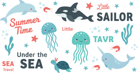 Cute under the sea nursery vector illustration with dolphin whale turtle jellyfish narwhal shrimp coral and summer ocean typography elements © Mostafijur