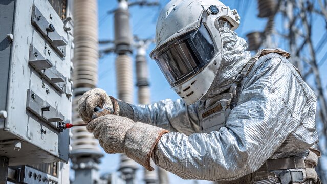 Technician in Arc Flash Suit Working on Transformer | High Voltage Grid Maintenance Background | Electrical Safety Stock Photo