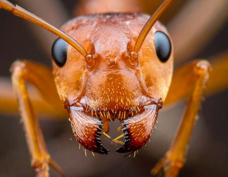 Close-up macro photograph of an orange ant, showcasing intricate details of its head and mandibles.