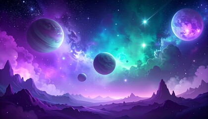 Abstract space background for kids, soft dreamy gradients of purple and teal, glowing star dust, blurred cosmic shapes, whimsical planet silhouettes, magical atmosphere, high-end digital art