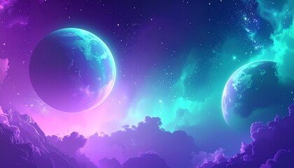 Abstract space background for kids, soft dreamy gradients of purple and teal, glowing star dust, blurred cosmic shapes, whimsical planet silhouettes, magical atmosphere, high-end digital art