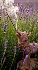 Ceramic wolf figurine holds smoking incense stick amidst tall lavender flowers
