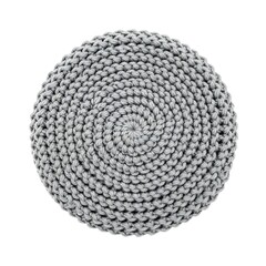 A gray circular woven rug displayed on a neutral background from a top-down viewpoint showcasing its intricate spiral pattern