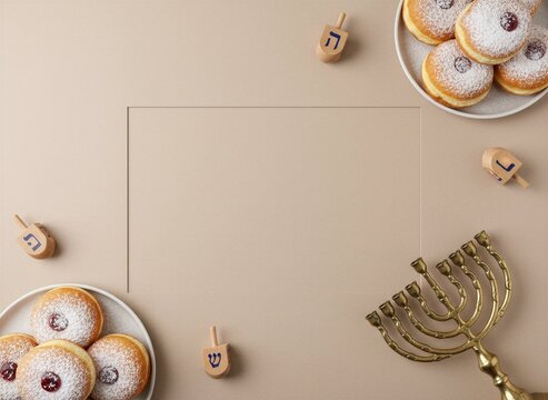 Hanukkah flat lay background with gold menorah, wooden dreidels, and sufganiyot jelly donuts on beige