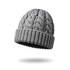 A gray knitted beanie hat with cable knit pattern on a white background viewed from the front
