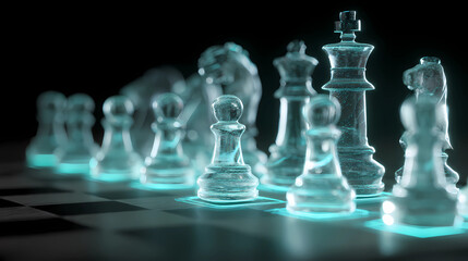 Chess pieces on a glowing digital chessboard, representing strategic thinking in business, Generative AI illustrations.