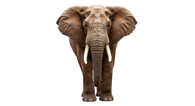 A large elephant with big ears and tusks standing against a black background