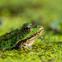 Obraz premium Close-up of a Green Frog in a Pond Surrounded by Green Algae and Vegetation.
