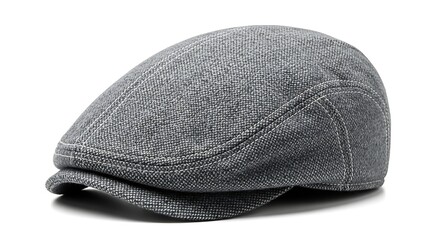 A grey fabric cap with a curved brim and button on top viewed from the side