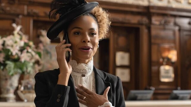  A woman wearing a sophisticated attire, engaged in a phone call, epitomizes classic elegance and communication within an environment filled with refined architectural details.