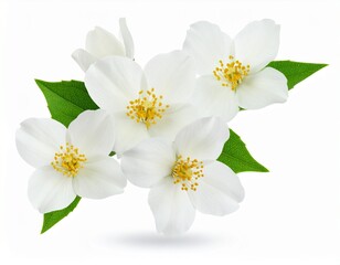 Fototapeta premium Close-up of Delicate White Jasmine Flowers with Green Leaves on White Background.