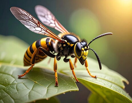 Close-up of a striking wasp perched on a vibrant green leaf, showcasing intricate details.