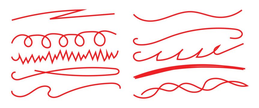 Hand drawn red underline and highlight strokes set, brush and marker doodle lines.  Hand drawn outline sketch wave brush mark elements crosshatch rough dividers set for text highlight underline.