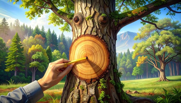 Close-up of a hand measuring tree rings on a cut tree trunk in a forest.