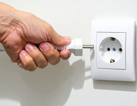 Close-up of a hand plugging a white electrical plug into a wall socket for power supply.