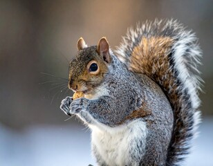 Obraz premium Close-up of a gray squirrel eating a nut, showcasing its fluffy tail and adorable features in natural light.