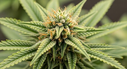 Mature cannabis flower displays visible trichomes and orange pistils amidst green foliage
