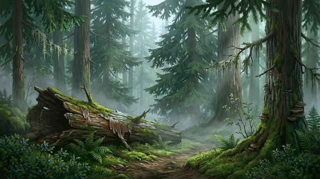 enchanted deep forest landscape with towering evergreen pine trees misty atmosphere fallen mossy log and wild berry bushes digital painting