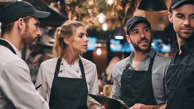  A focused team of restaurant professionals, engaged in a collaborative discussion within the warmly lit interior of an establishment, embodies professionalism and teamwork.