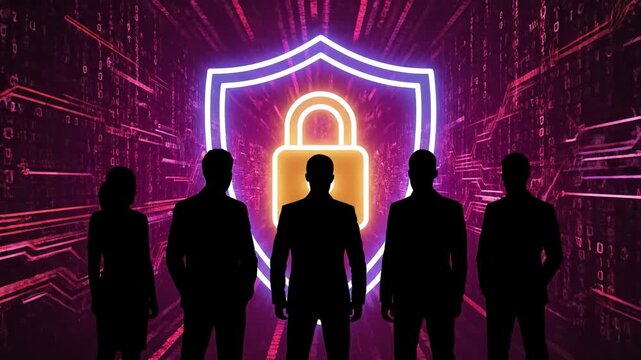 Silhouettes of five people standing before a neon shield and padlock on a purple background with circuit board patterns, conveying a theme of consumer rights and security on World Consumer Rights Day.