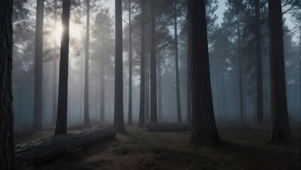 Obraz premium Ethereal Forest - Sunlit Mist Among Tall Trees.