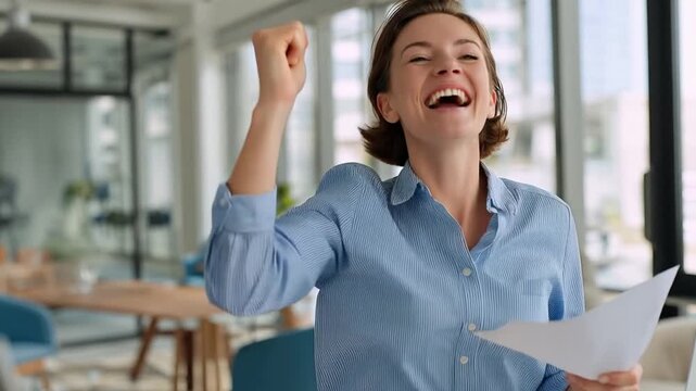  A jubilant professional woman, radiant with success, triumphantly raises a fist while joyfully holding work documents, a symbol of personal and professional accomplishments.