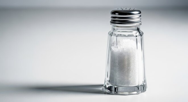 A clear glass shaker filled with granular white salt ready for seasoning meals, sitting on a plain, clean kitchen surface, granular, sodium, background