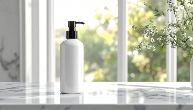 Minimalist white pump bottle with black dispenser on marble countertop with natural light and greenery.