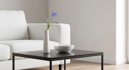 A blue flower in a white vase on a black coffee table beside a white sofa viewed from the front