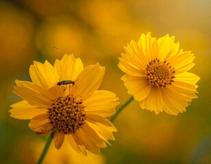 Obraz premium Close-up of two vibrant yellow flowers with a small insect, capturing natures beauty in detail.