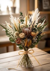 Rustic arrangement of preserved botanical elements rests upon a light wooden surface indoors