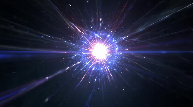 A bright abstract blue star burst design features a glowing laser flash and fractal energy motion against a dark space background with a textured galaxy pattern