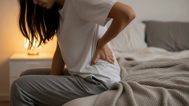 Woman feeling intense lumbar pain, holding and massaging her lower back while sitting on her bed