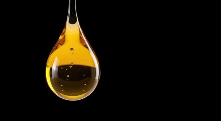Thick golden liquid cooking oil drop reflecting light, isolated perfectly on a deep black background. Focus on texture, purity, and clarity, texture, culinary, abstract