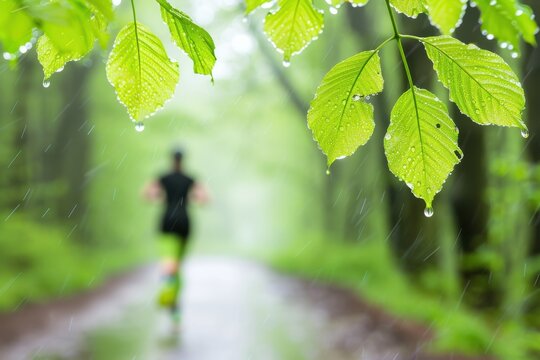 Person Jogging on a Lush Forest Trail During a Rain Shower with Selective Focus on Wet Green Leaves and Raindrops in the Foreground