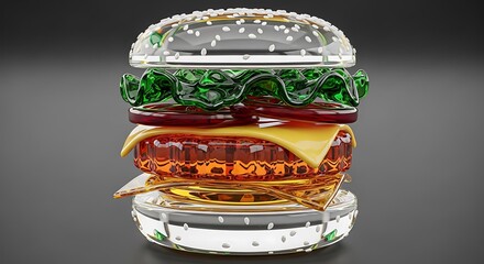 Transparent Glass Hamburger Sculpture. This creates a futuristic, clean food concept suitable for tech or health sectors