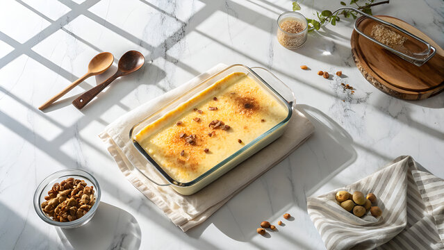 Top View Lagan nu Custard &ndash; Parsi Baked Custard Dessert in Bright Modern Lifestyle Setting