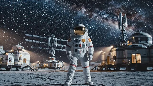 Astronaut Explores Moon Base Under the Majestic Night Sky, A Sci-Fi Cinematic Masterpiece