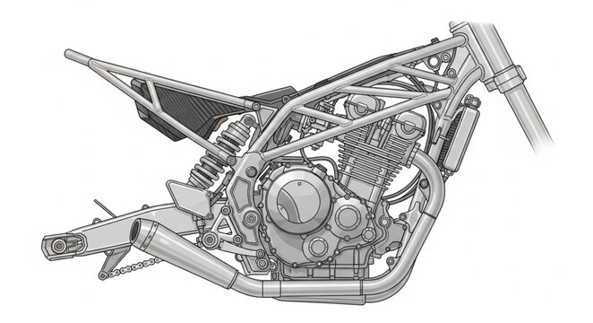 Motorcycle Engine Frame Assembly Detailed Illustration.