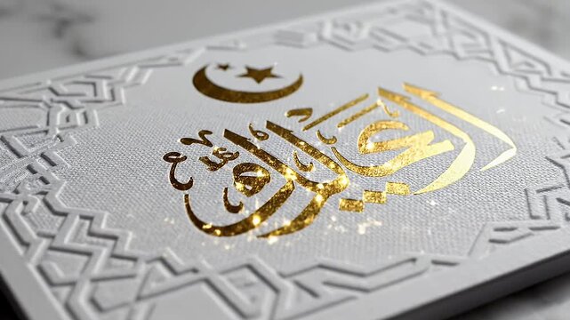Elegant white card with embossed arabesque pattern and golden Arabic text