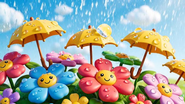 Smiling flowers with umbrellas in rain.