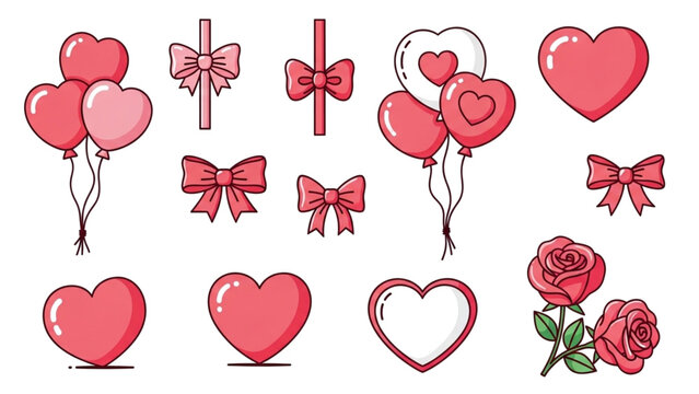 Collection of cute pink and red heart shaped balloons ribbons bows and lovely roses perfect for valentines day celebration design elements