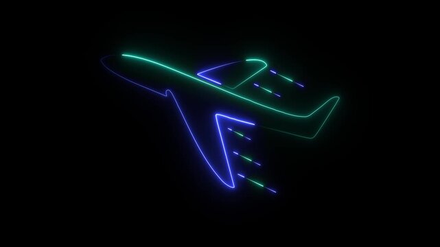 Neon airplane icon animation on black background. aircraft flight, glowing neon line motion. Spacecraft flight, space technology 4k video.