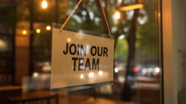 Join Our Team Sign Hanging in Cafe Window with City Reflections