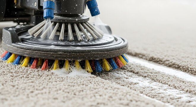 A person uses a machine to clean a dirty carpet with colorful brushes and soapy water.