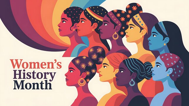 Women's history month banner with diverse women of color in profile celebrating female empowerment equality sisterhood strength and global unity with vibrant colors