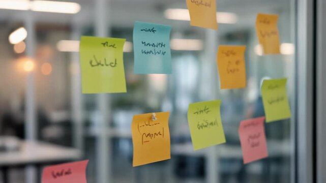 Tracking Shot of Colorful Sticky Notes on Glass Scrum Board in Modern Office