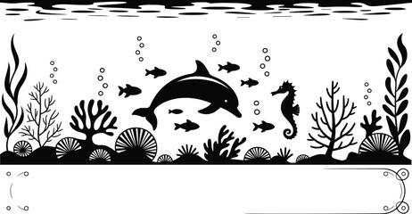 Underwater ocean silhouette scene with dolphin seahorse fish coral reef plants bubbles marine life black vector illustration banner © Rayhan