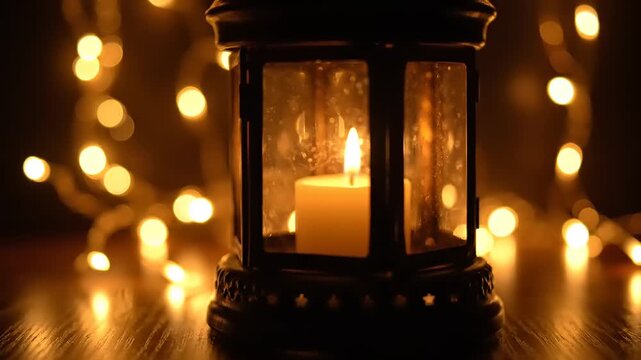 A close-up shot of a candle burning inside a lantern, with bokeh lights in the background, creating a warm and cozy atmosphere for celebrations