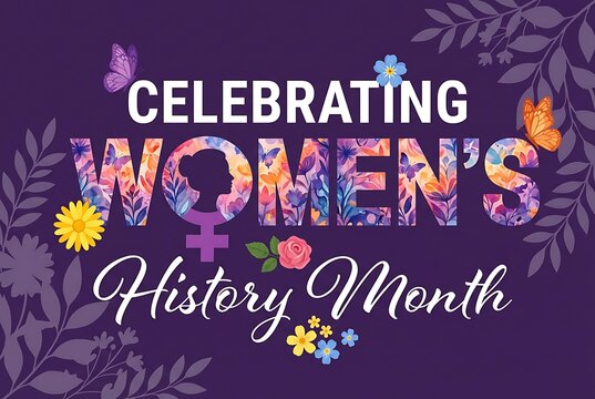 March women history month celebration text with colorful abstract women silhouettes and purple background with floral elements and butterflies